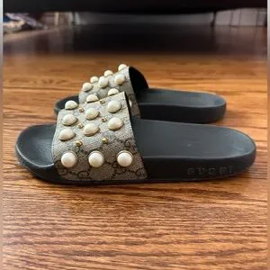 Gucci Shoes Gucci Womens Pursuit Pearl Stud Pool Slide Sandals